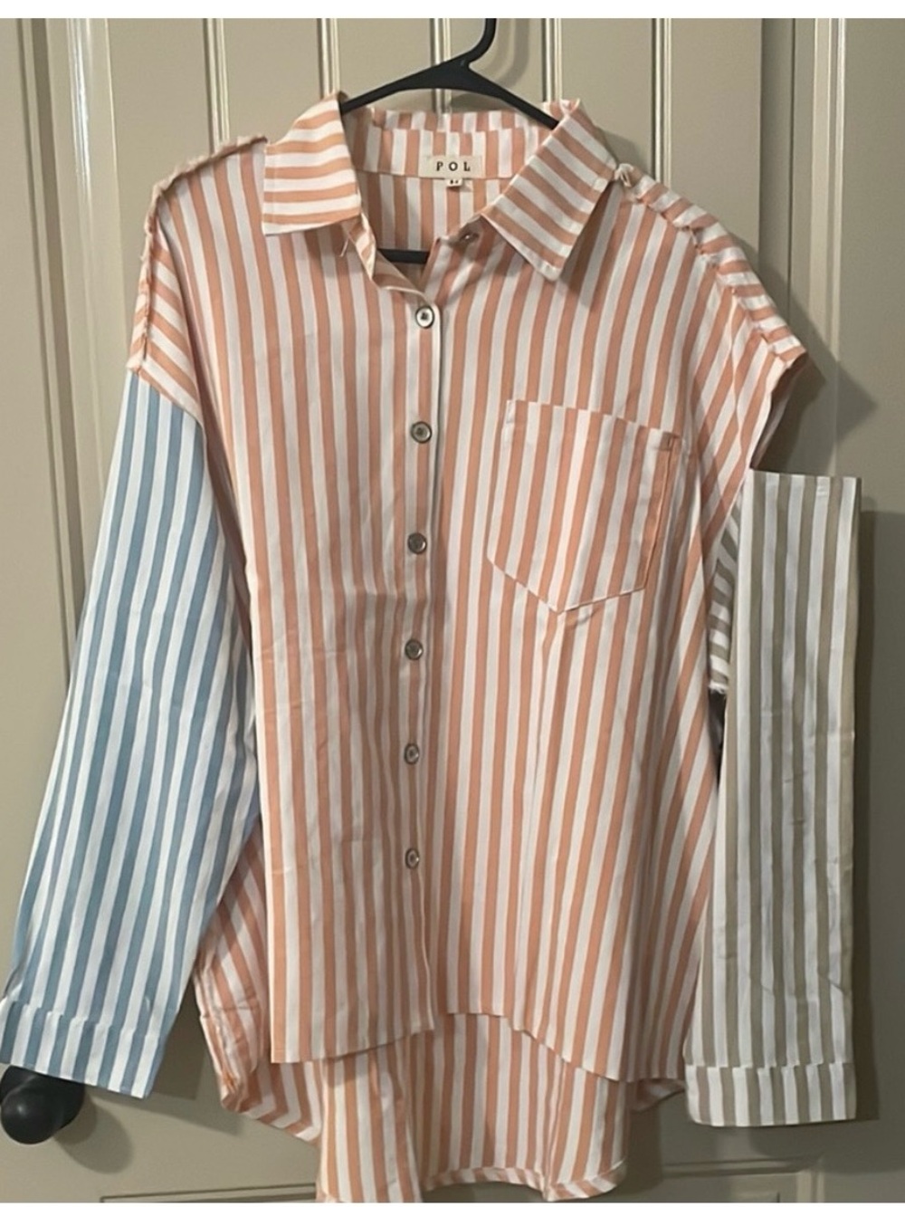 POL Striped Button-Front Shirt in Orange Blue & Tan striped.
